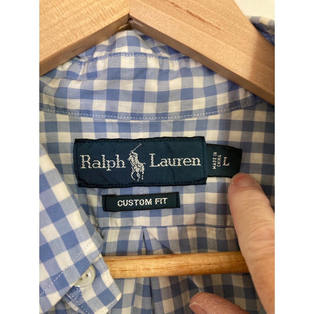 Ralph Lauren Mens Custom Gingham Button Down Shirt Blue White Large Pink Pony - Picture 2 of 6